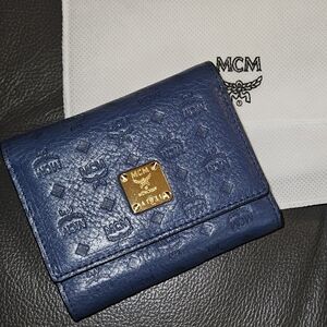 MCM Navy Leather Wallet with Gold Accents